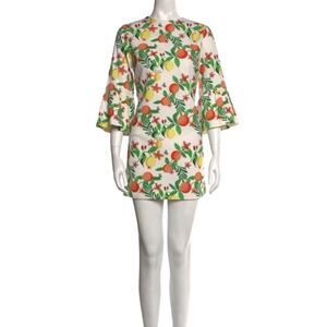 CATHERINE PREVOST $795 Cotton Linen White Lemon Print Dress Trumpet 3/4 Size S